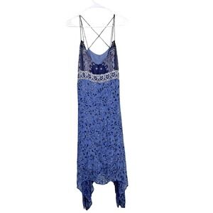 Lucky Brand Maxi Dress Sz XL Blue Paisley‎ Floral Sharkbite Hem Sleeveless Boho